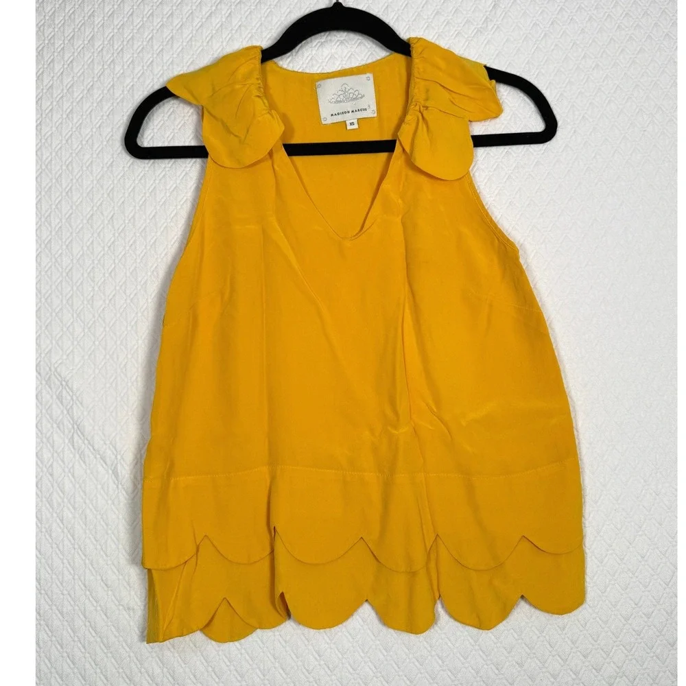 Madison Marcus Cottagecore Mustard Yellow 100% Silk Ruffle Scalloped Blouse XS‎
